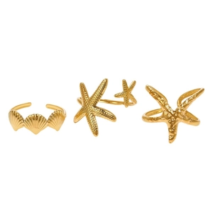 Three-piece gold stainless steel ring set featuring starfish and seashell designs