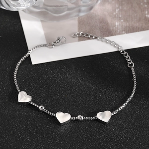Minimalist silver stainless steel box chain bracelet with heart charms and beads
