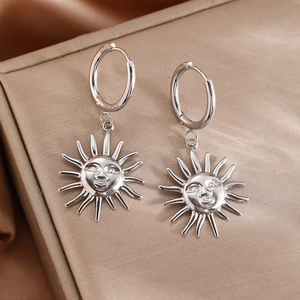 Polished silver sunflower pendant hoop earrings for women in 18K stainless steel