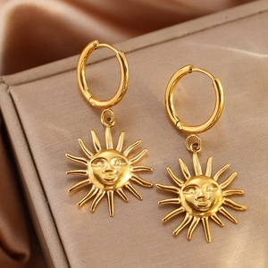 18K gold-plated stainless steel sunflower hoop earrings featuring a vintage sun face relief