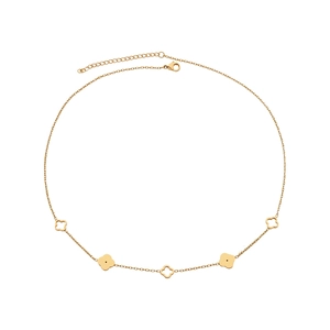Gold stainless steel necklace with five hollow and solid lucky clover pendants on white background