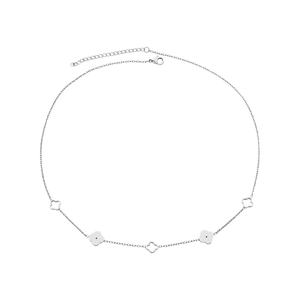 Close-up of silver steel necklace with hollow and solid four-leaf clover charms