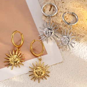 Polished 18K gold and silver stainless steel sunburst face pendant hoop earrings set