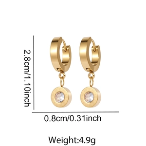 Detail showing gold stainless steel hoop earrings with Roman numeral pendant and zircon
