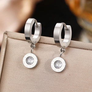Silver stainless steel hoop earrings with Roman numeral pendant and cubic zirconia stone