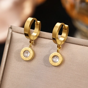 Golden stainless steel earrings with roman numeral pendant and clear zircon crystal