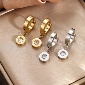 Elegant stainless steel hoop earrings with Roman numeral charms and zircon inlays