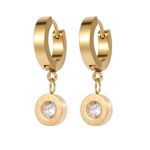 Detailed view of gold stainless steel earrings with Roman numerals and zircon stones
