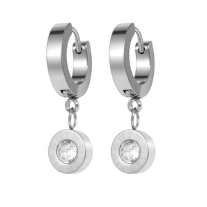 Silver stainless steel hoop earrings with Roman numerals and cubic zirconia pendant