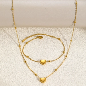 Elegant gold stainless steel beaded necklace and bracelet set with 3D heart pendant charms
