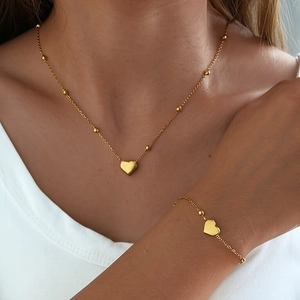 Minimalist Heart Pendant Necklace And Bracelet Stainless Steel Beaded Chain Jewelry For Women Fashion Elegant