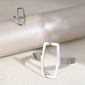 Minimalist silver stainless steel hollow geometric bangle and open ring set for women