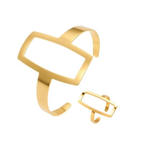 Polished gold stainless steel jewelry set with geometric hollow rectangle ring and bangle