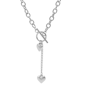 Collier en acier inoxydable avec fermoir OT, deux pendentifs cœur et pampille
