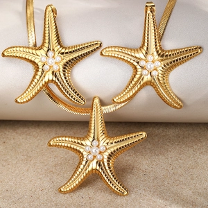 Starfish Jewelry Necklace And Stud Earrings Stainless Steel With Imitation Artificial Pearl Ocean Beach Style For Women Gold Plated