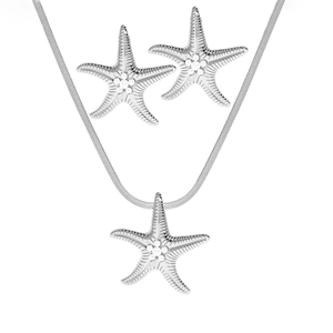 Close-up of starfish jewelry set with silver finish and white pearl inlay detail