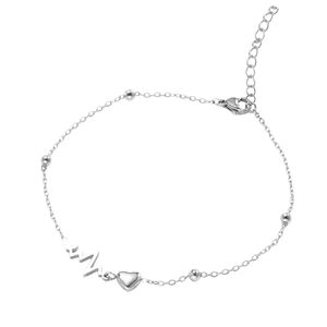 Silver stainless steel anklet featuring heart pendant, heartbeat charm and round metal beads