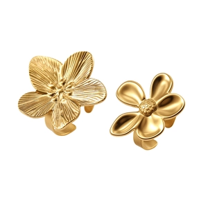 Set of two gold floral open rings featuring textured petals and adjustable bands