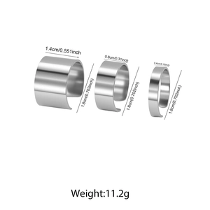 Three minimalist stainless steel open rings with 1.4cm, 0.8cm and 0.4cm width dimensions