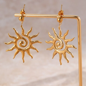 Stainless Steel Sun Spiral Drop Earrings Hammered Texture Vintage Lava Style Geometric Bohemian Jewelry For Women