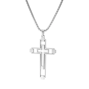 Pendentif croix évidée en acier inoxydable multicouche avec chaîne à boîte pour hommes