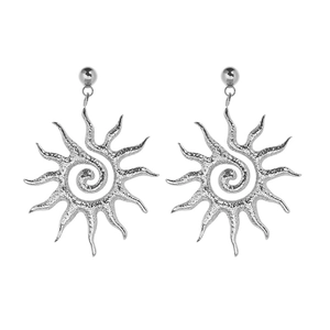 Silver stainless steel hammered sun earrings with spiral pattern and bohemian design