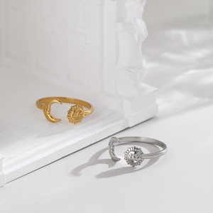 Adjustable stainless steel sun and moon open rings set in gold and silver finishes