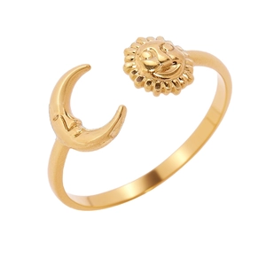 Adjustable golden stainless steel open ring with artistic sun and moon celestial designs