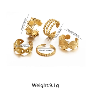 Set of five adjustable gold stainless steel rings with diameter and weight specifications