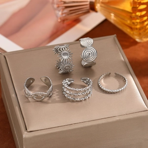 5-piece vintage stainless steel adjustable ring set with diverse engraved patterns