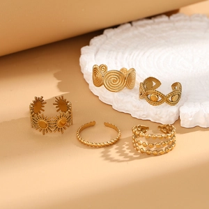 5-piece set of adjustable gold stainless steel rings with sun and evil eye designs