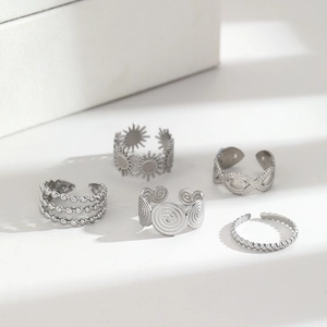5-piece vintage adjustable silver stainless steel ring set for men and women