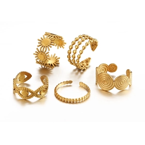 5-piece set of adjustable vintage gold stainless steel rings with celestial and beaded designs