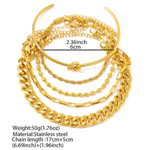 Detailed set of five gold stainless steel chains including curb, rope, and bead links