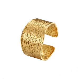 Textured gold wide C-shape adjustable open ring with artistic lava relief for women