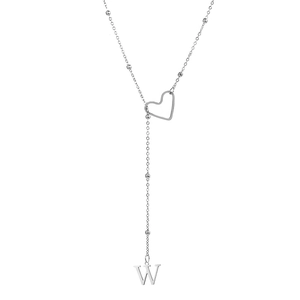 Collier en Y argenté en acier inoxydable avec cœur ajouré et pendentif lettre W