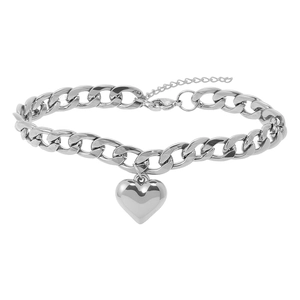 Silver stainless steel curb chain anklet featuring a polished heart pendant for women
