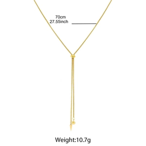 Detail showing gold Y-shaped necklace with 70cm length and 10.7g weight parameters