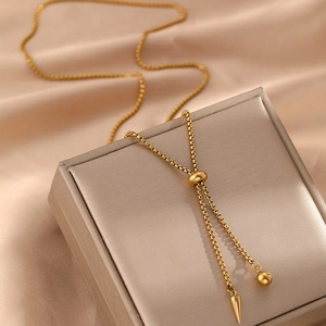 Stainless Steel Adjustable Y Necklace With Box Chain Cone And Ball Pendant Long Sweater Chain Fashion Hip Hop Jewelry