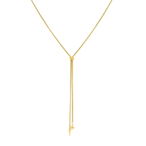 Adjustable gold stainless steel Y-necklace featuring sleek cone and bead pendants