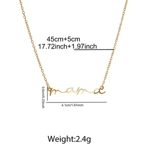 Detail showing the adjustable golden necklace chain with mama pendant and extension