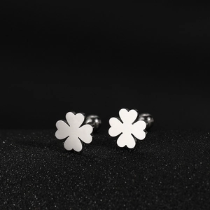 Polished stainless steel four-leaf clover stud earrings with screw ball back closure