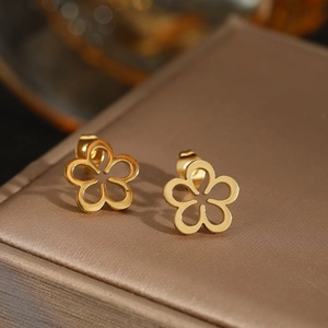 Hollow Flower Stud Earrings Stainless Steel French Vintage Plated Floral Ear Jewelry For Women Elegant Stylish
