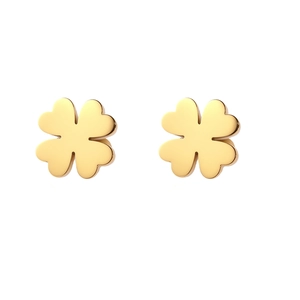 Polished gold clover stud earrings in minimalist 3D design on a white background