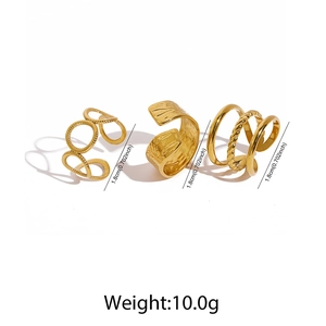 Detailed view of 3-piece gold stainless steel adjustable ring set with weight and size info
