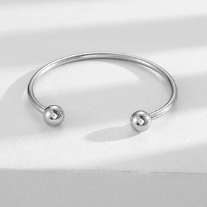 Adjustable minimalist stainless steel C-shape open bangle with polished spherical beads