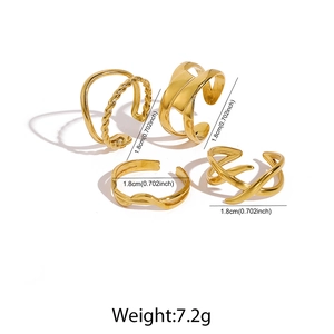 Detailed view of four minimalist gold-plated rings with specific diameter measurements