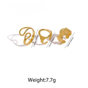 Three-piece gold stainless steel ring set with size info 1.8cm and weight 7.7g