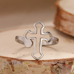 Hollow cross cutout open ring in stainless steel for women with adjustable band design