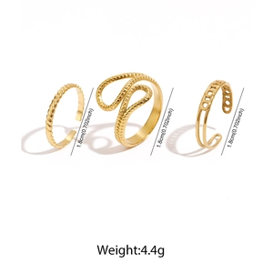 Three-piece gold adjustable ring set featuring twisted texture and hollow designs